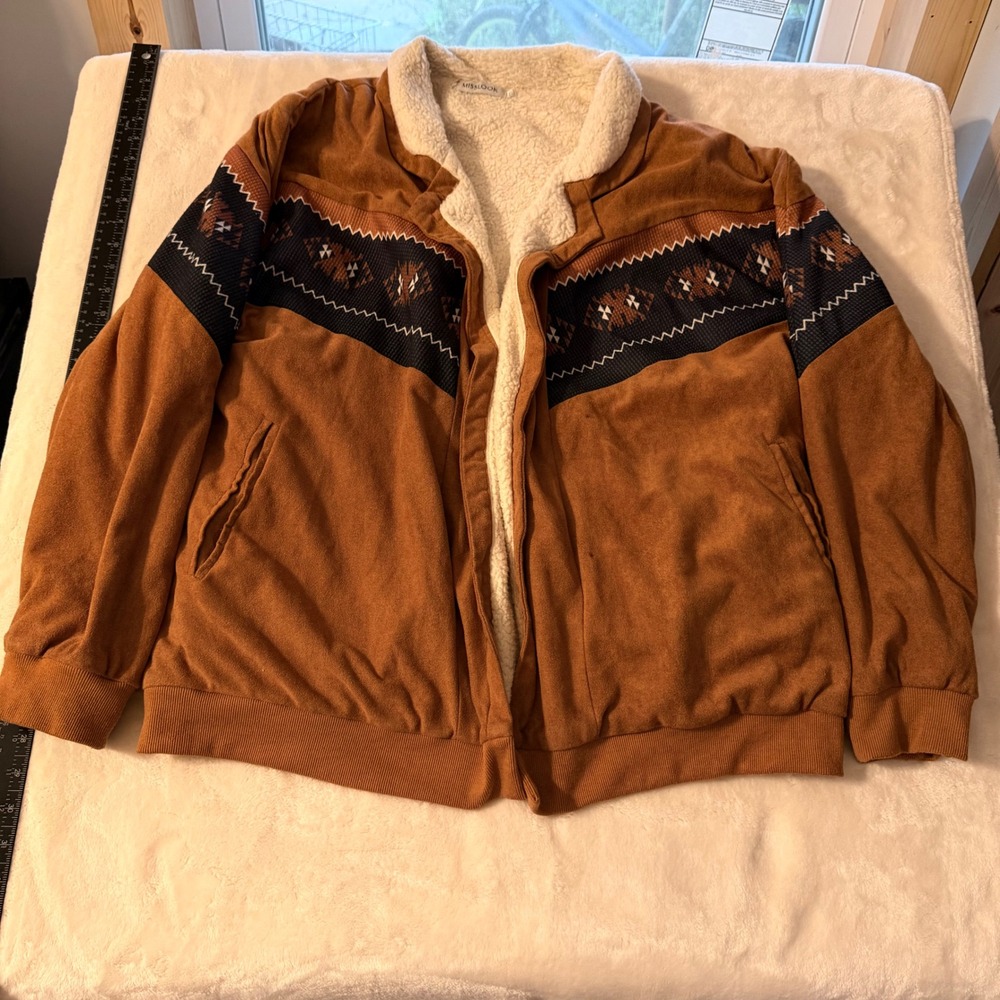 Misslook Womens XXL Rust Brown Sherpa Lined Southwestern Bomber Jacket